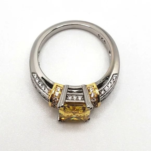 14k Yellow Gold 925 Sterling Silver Emerald Cut Yellow Engagement Ring Size 7 - Picture 5 of 6